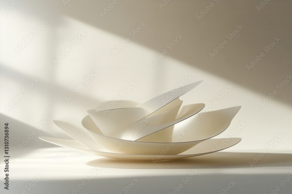 Poster Elegant minimalist floating 3D shapes with soft shadows and reflections on a white background featuring futuristic design elements