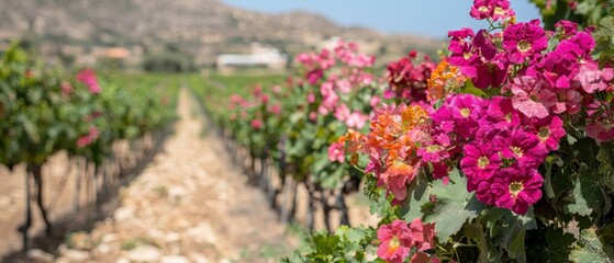 Fototapeta premium Vibrant Flowers Blooming in a Vineyard