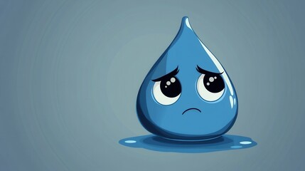 Emotional minimalist design featuring a sad blue water drop with expressive eyes in a simple style