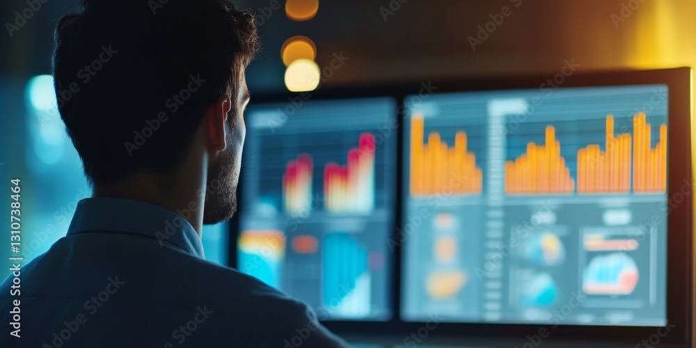 Poster a man is looking at a computer screen with multiple graphs and charts