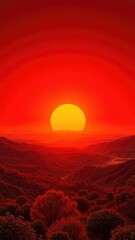 A bright orange sun rises over a crimson valley, red, natural