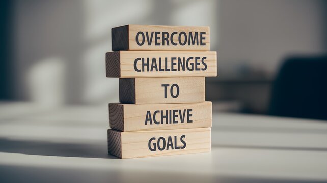 A stack of wooden blocks with "Overcome challenges to achieve goals" printed in dark brown letters. The blurred background shows a modern indoor space, emphasizing the motivational message.







