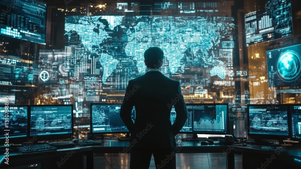 Poster a man stands in front of a computer monitor with a map of the world on it