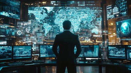 A man stands in front of a computer monitor with a map of the world on it