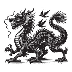 Majestic Asian Dragon Depicted in Traditional Woodcut Style Illu