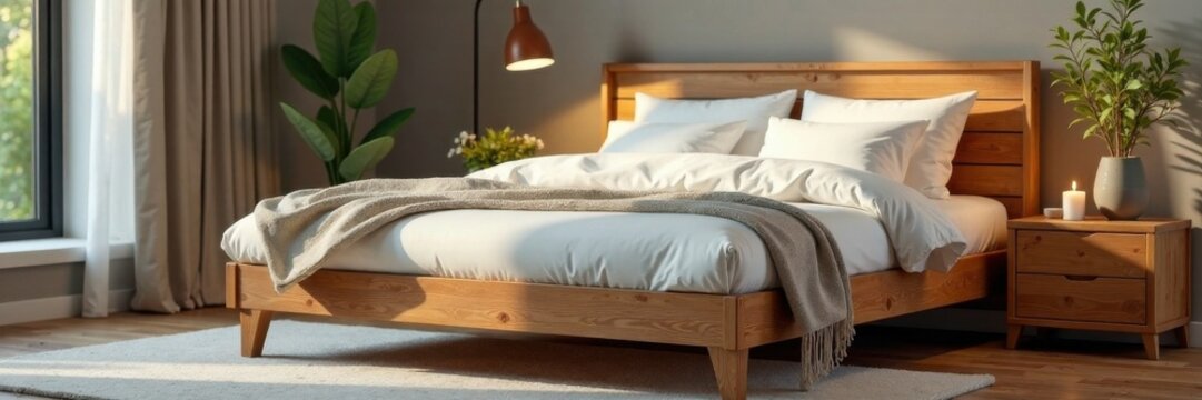 Wooden bed frame with plush bedding, bedroom, interior, decor