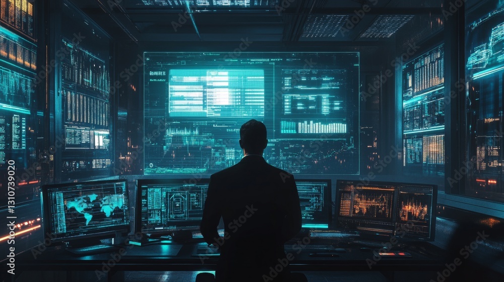 Poster a man is sitting in front of a computer monitor with a large screen