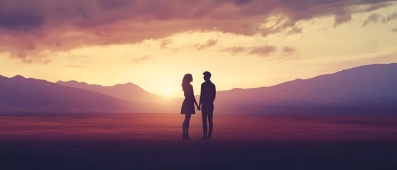 Couple standing together in loving embrace silhouetted against a dramatic colorful sunset landscape with mountains and dramatic clouds in the background  The scene exudes a sense of romance