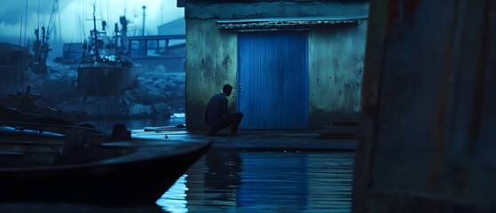 Lone figure stands at the edge of a moody weathered dock in the twilight as a small boat floats in the still reflective waters surrounded by an atmosphere of solitude and introspection