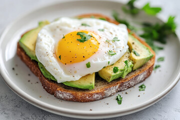 Avocado Toast with Egg: A mouthwatering close-up of avocado toast topped with a perfectly cooked sunny-side-up egg. Capturing the textures and colors of this delicious breakfast.