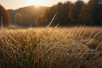 Golden yellow wheat and green grass sway in the summer wind across the natural meadow under the blue sky
