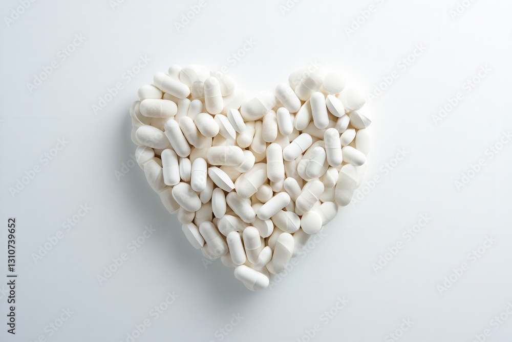 Poster heart shaped arrangement of white pills and capsules on a clean background in soft lighting for mode