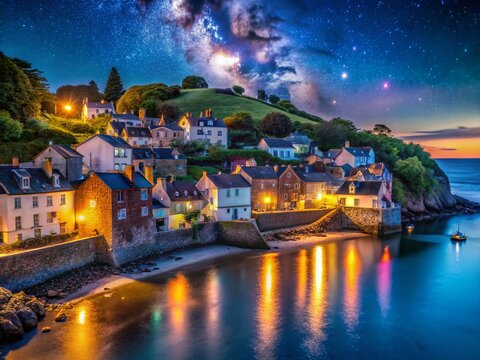 Night Photography: Cawsand Village, Devon Coast, England - Starry Sky, Coastal Charm