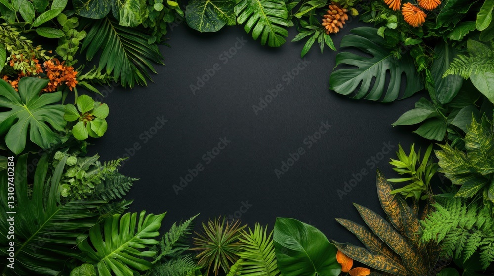 Aufkleber an elegant black background featuring a lush array of green leaves creating a sense of depth and ser