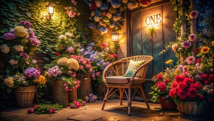 Night Photography: Cozy Basket Chair in Flower Garden Photo Booth with "One" Sign