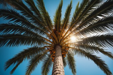 Tall coconut palm tree with green leaves under a bright blue sky on a sunny day