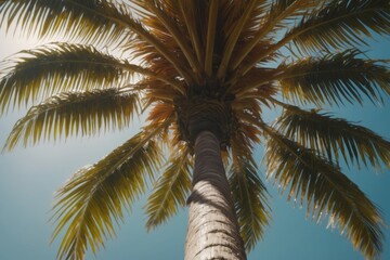 Obraz premium Tall coconut palm tree with green leaves under a bright blue sky on a sunny day