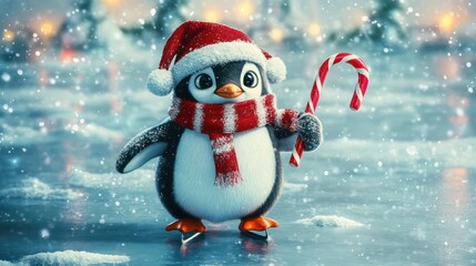 Festive penguin ice skating, winter wonderland background, Christmas card