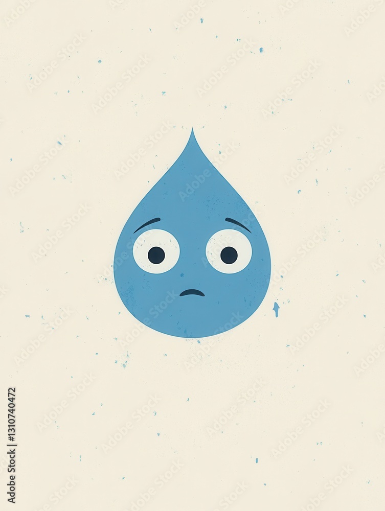 Poster sad blue water drop minimalistic icon with cartoon eyes expressing emotion in simple style