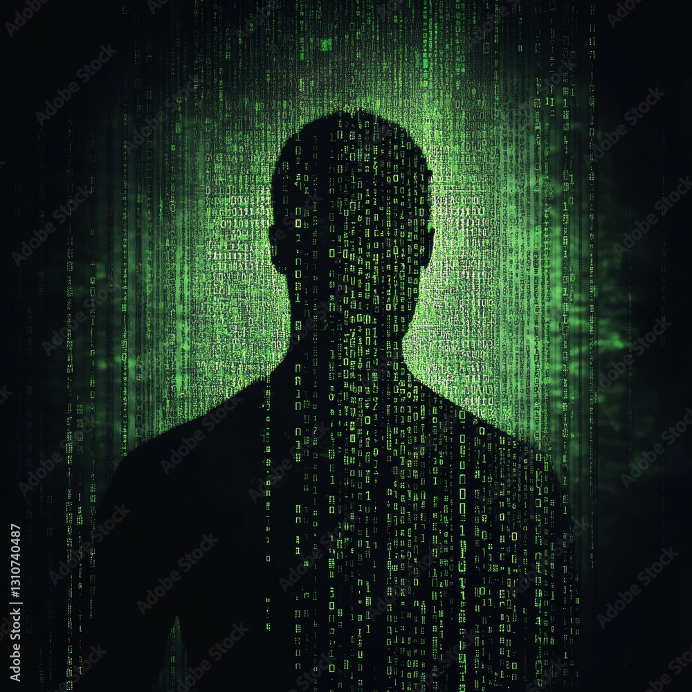 Poster silhouette of a person with green binary code background