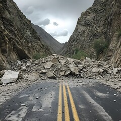 Winding Mountain Road Blocked by Debris After Natural Disaster