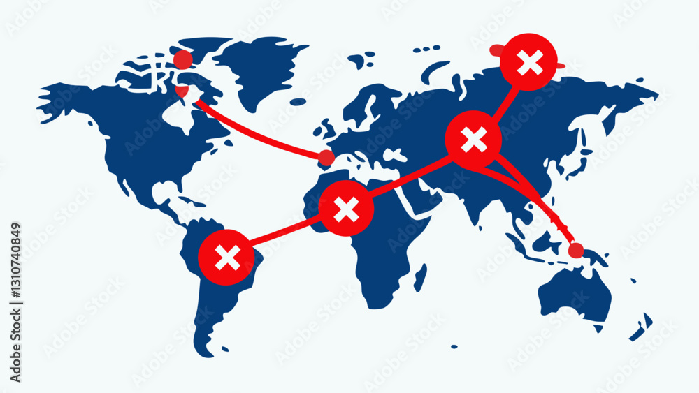 Poster map with red x markers a stylized map with several red x markers overlaid on various trade routes re