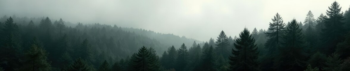 Fototapeta premium Dense forest with tall trees in shades of green and grey, natural scenery, forest background, black and white
