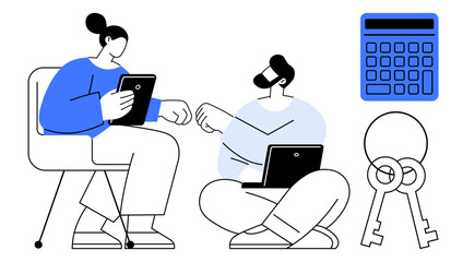 Two seated individuals using tablet and laptop, exchanging ideas with calculator and keys nearby. Ideal for teamwork, collaboration, financial planning, brainstorming, strategy, problem-solving, flat