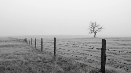 Obraz premium Foggy field, lone tree, barbed wire fence, rural landscape, nature background