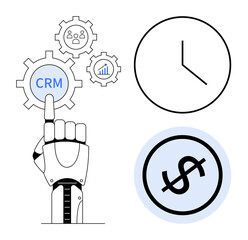 Robotic hand pointing at CRM gear with icons of analytics, clock, and dollar sign. Ideal for automation, efficiency, business intelligence, productivity, time management CRM technology. Flat simple
