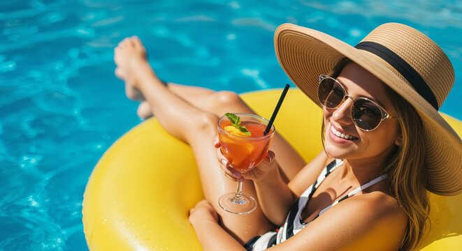 A young woman portrait with sunglasses smiling and holding a cocktail relaxing on an inflatable float in a pool. Concept of summer bliss and peaceful relaxation.