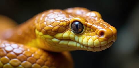 Fototapeta premium Yellowish-brown scales glisten on snake's face, revealing piercing eyes and slender neck , reptile, serpentine