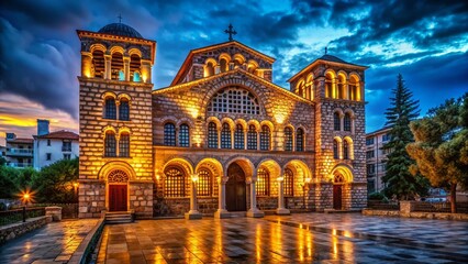 Fototapeta premium Night Photography: Hagios Demetrios Church, Thessaloniki, Greece - Illuminated Byzantine Architecture