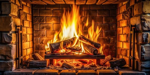 Cozy flames dancing in a crackling fireplace, fireplace glow, evening scene
