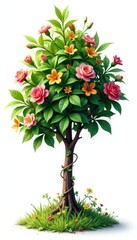 Fototapeta premium Leafy greens and colorful flowers adorn a small tree, isolated, vines