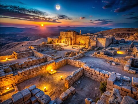 Night Photography: Herod's Palace Ruins, Sebastia, Samaria - Ancient Stone Walls Illuminated