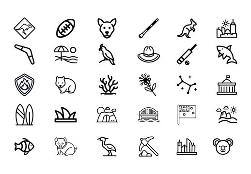 Black Australia Culture Wildlife Travel Icons Set