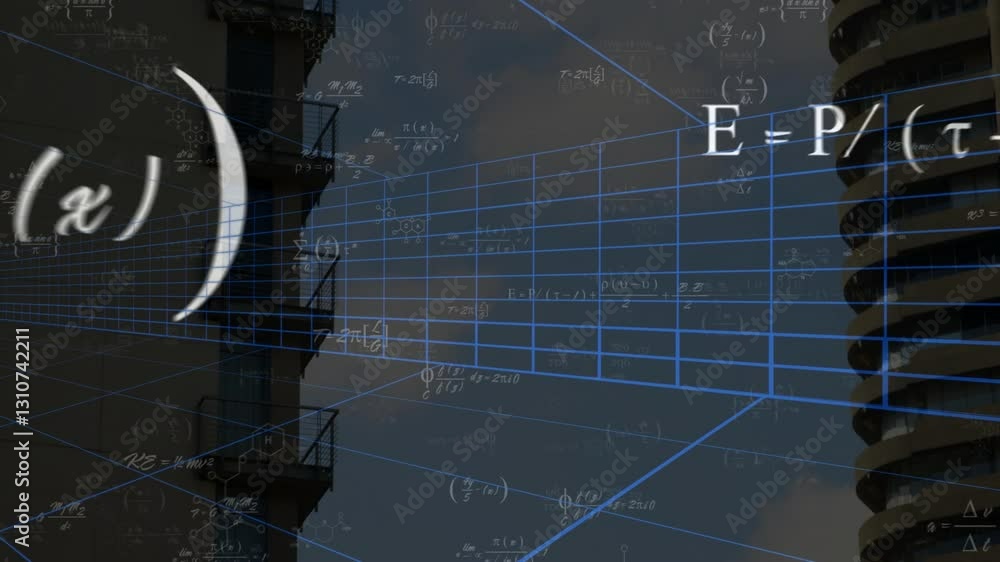 Poster animation of mathematical equations and grid lines overlaying industrial structure silhouette