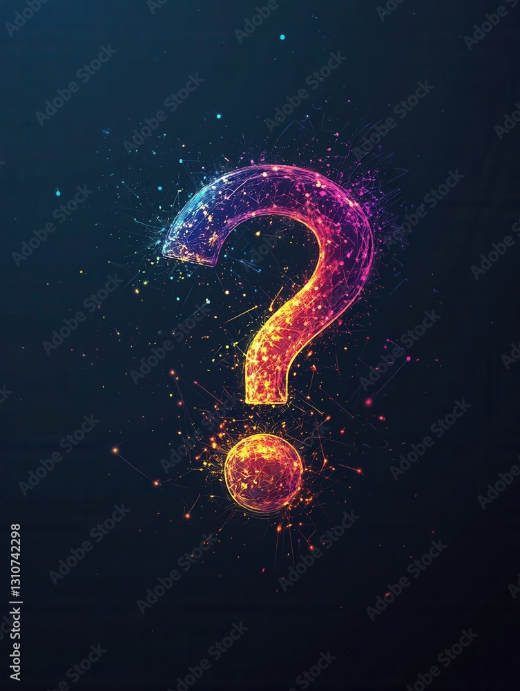 Poster minimalist icon featuring a glowing question mark surrounded by light bursts in a modern flat style 