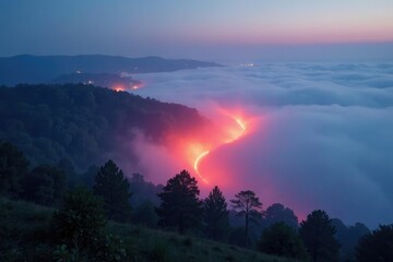 luminous fog rolling in over a misty landscape, atmospheric, glowing