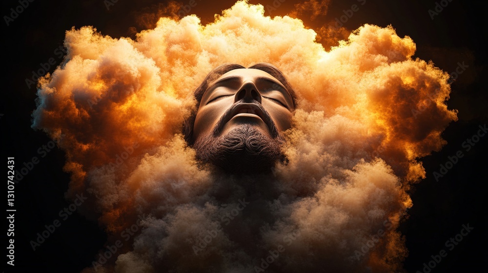 Poster mysterious man's face emerging from fluffy clouds in a dreamlike setting evoking feelings of wonder 