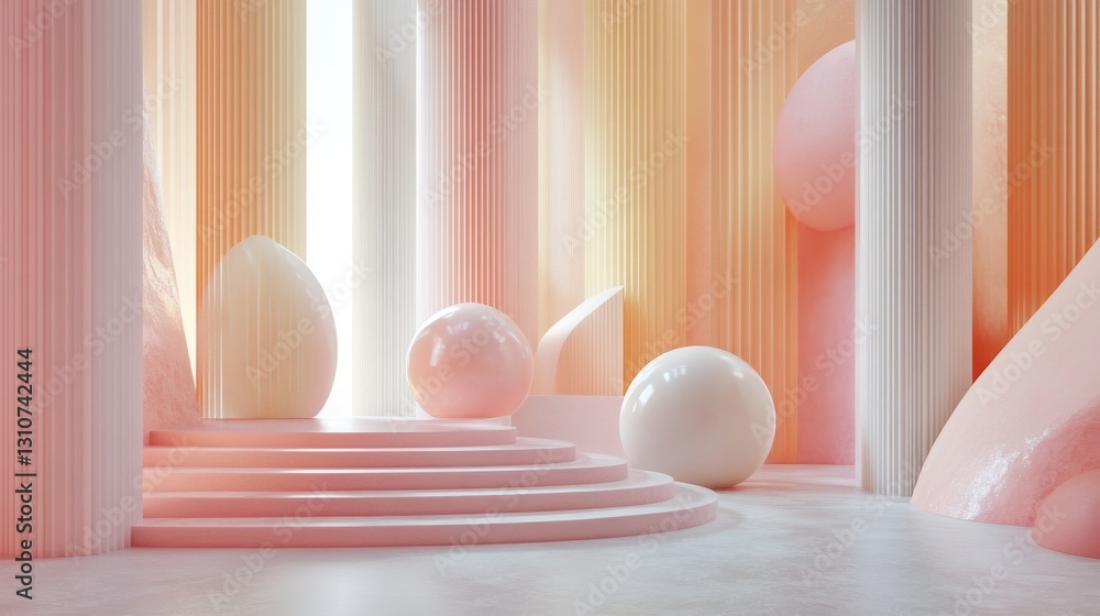 Poster pastel colored geometric objects arranged on steps and platforms