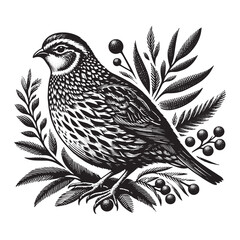 Obraz premium Quail Bird Illustration Surrounded by Foliage in a Detailed Wood