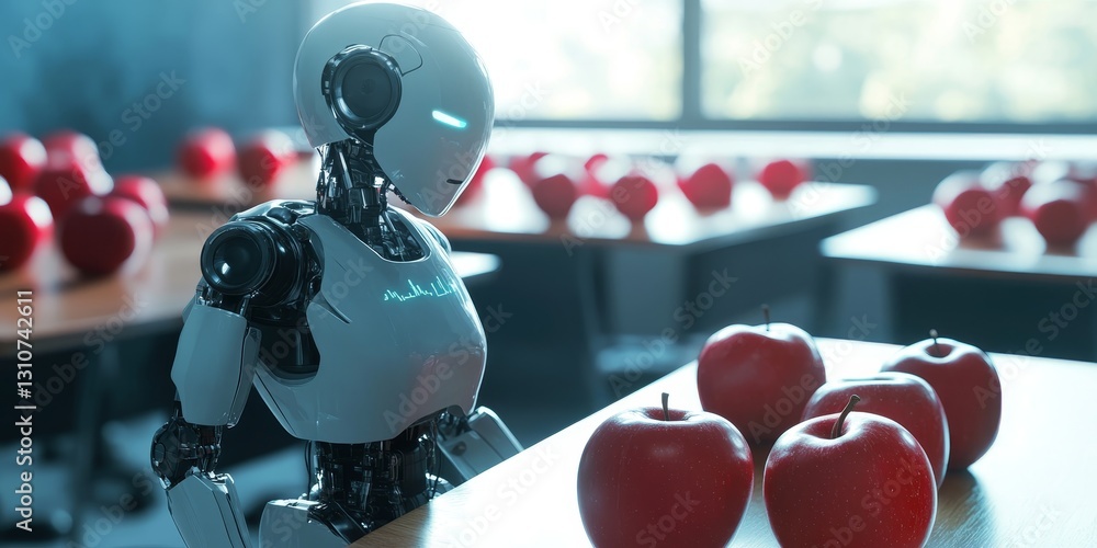 Poster a robot is standing in front of a table full of apples