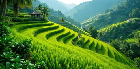 Fototapeta premium Lush rice paddies with water features and tropical plants, farm, terracing, rice fields