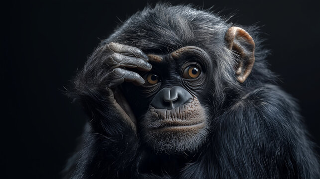 close up portrait of monkey appearing lost in thought, gazing intently with focused expression, creating thoughtful atmosphere