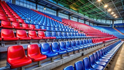 Bench in football stadium with red and blue seats, dimly lit, sports, lighting,  sports, lighting, arena