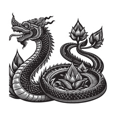 Fototapeta premium Serpentine illustration with lotus accents, mythological serpent