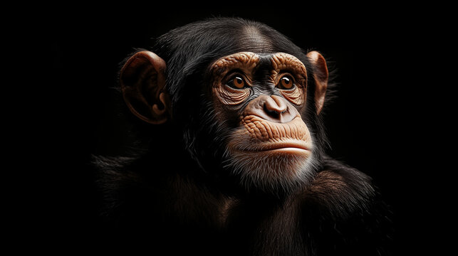 contemplative monkey in studio portrait, gazing forward with thoughtful eyes, capturing essence of primate intelligence