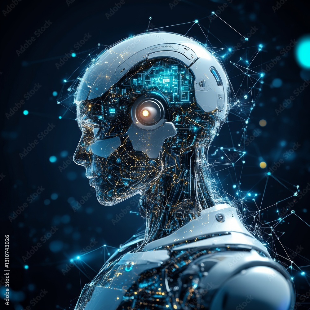 Poster futuristic robot head with circuitry and digital connections visual